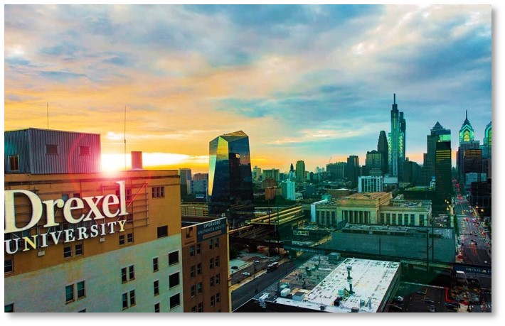 philadelphia skyline with drexel sign in the foreground